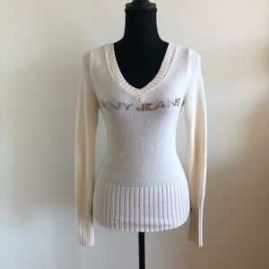 DKNY Women's Cream White V-Neck Sweater